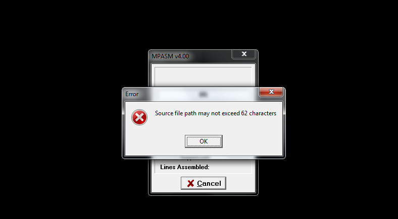  MPASM Source file path exceeds 62 characters