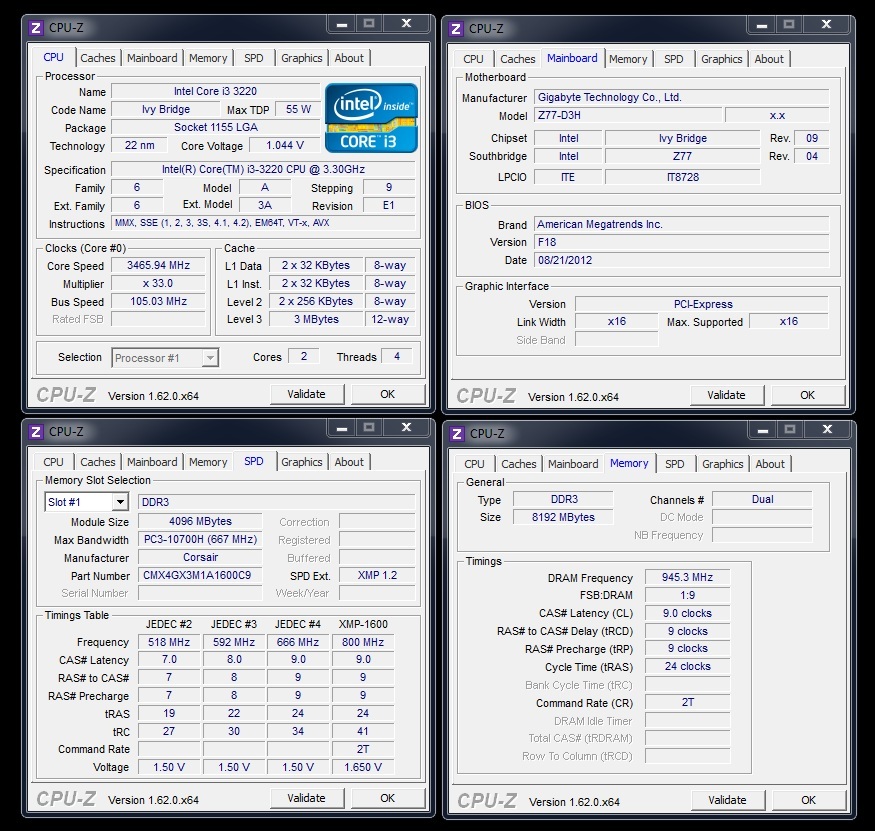  İNTEL İ3 3220 + GİGABYTE Z77-D3H + 2 * 4 GB CORSAİR 1600 MHZ DDR3 RAM [ SATILMIŞTIR ]