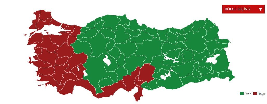 BÖLGELERE GÖRE SEÇİM SONUCU HARİTASI (DOĞU VE GÜNEYDOĞU EVET DEDİ)