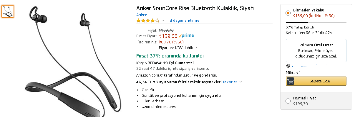 Anker SounCore Rise Bluetooth Kulaklık 139 TL AmazoneTR Prime