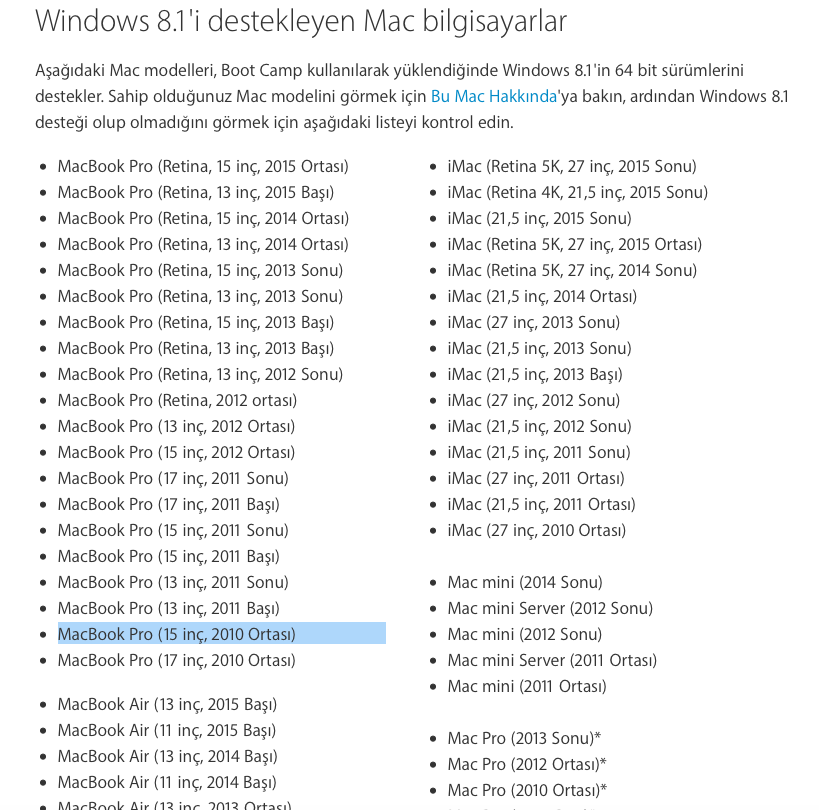  MacbookPro(15' -Mid2010- El Captain) Windows 8.1 için Bootcamp sorunu. YardımLütfen:(