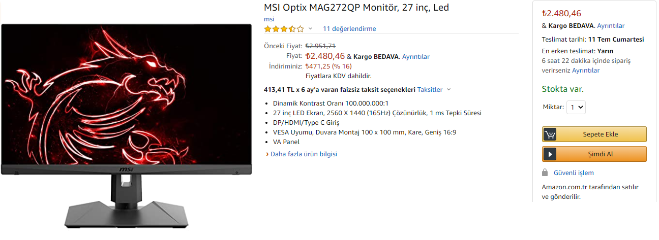 MSI Optix MAG272QP ( 2K -10 Bit - 165Hz - Va Panel - sRGB %124   DCI P3 %96 Flat ) 2480 TL