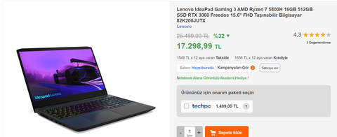 Lenovo IdeaPad Gaming 3 AMD Ryzen 5 5600H 8GB 512GB SSD RTX 3050Ti Freedos 15.6" FHD Laptop 13.998TL