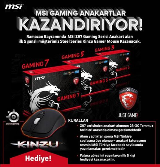  Bayramda MSI Z97 Gaming anakart alan ilk 5 kişi Steel series Kinzu Mouse Kazanıyor