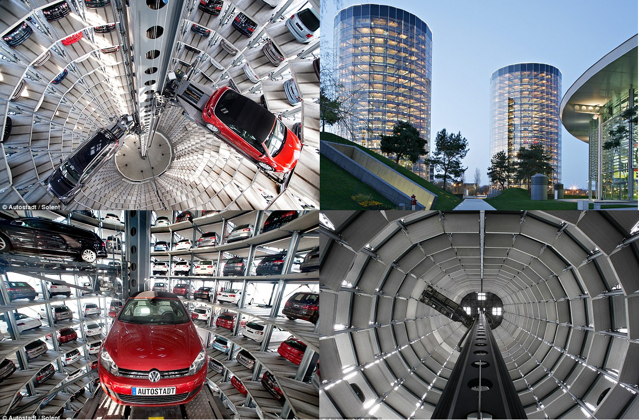 Парковка больших машин. Автостоянка Volkswagen Autostadt. Автомобильные башни Autostadt в Вольфсбурге (Германия). Павильон Autostadt Volkswagen Германия 2013. Необычные многоуровневые парковки.