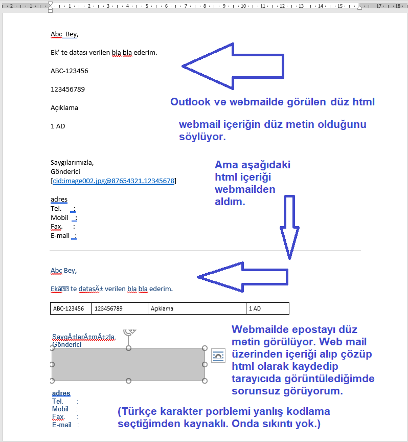 Outlook gelen eposta Rich Text/HTML/Text problemi