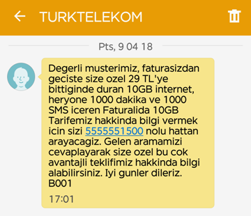 FATURASIZDAN FATURALIYA-TT-10 GB-1000 DK-1000 SMS=29 TL