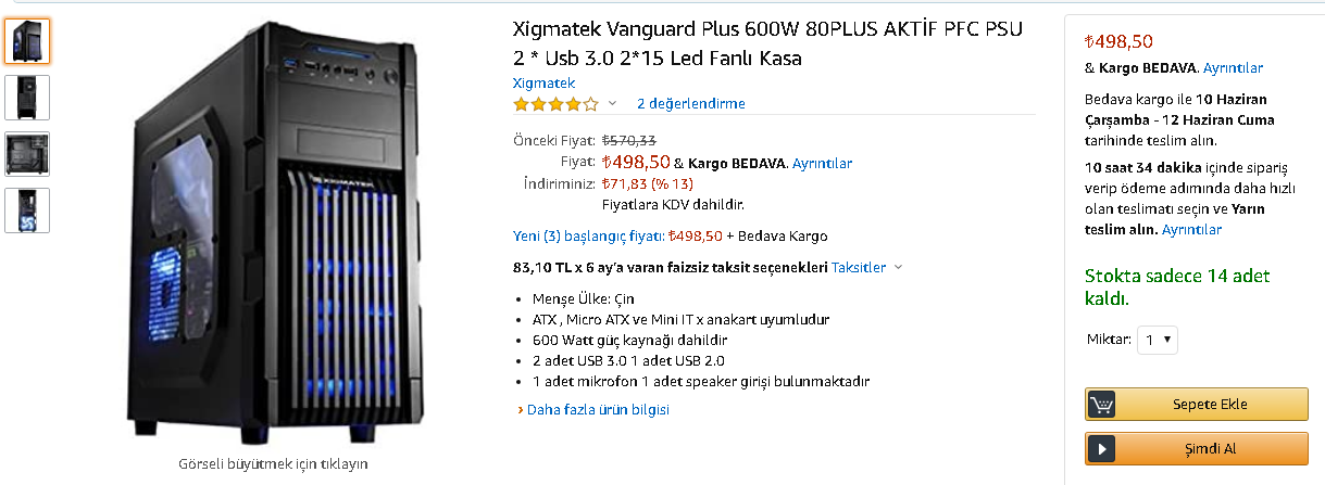 Xigmatek Vanguard Plus 600W 80PLUS AKTİF PFC PSU  499 TL AmazonTR