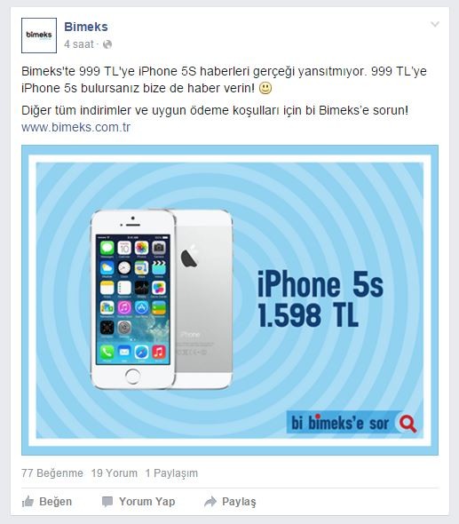  Bimeks'ten 999 TL'ye iPhone 5S Kampanyası Hakkında Açıklama