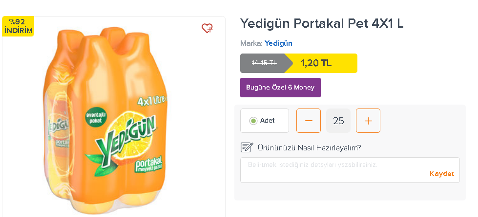 Migros Sanalmarket Erikli maden suyu 6x200 ML 1 TL + Yedigün portakal 4x1L 1,20 TL