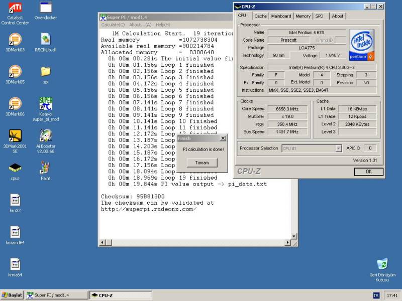  P4 670@ 7315MHZ TR#1 CPUZ#2  Superpi 1M 18.859s UPDATE#5 7315MHZ Resim