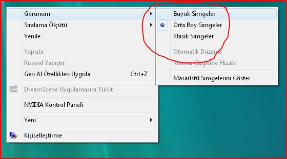  Vistada masaüstü simgeleri nereden küçültülür?