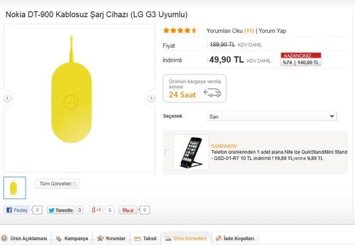  HEPSİBURADA.COM  Nokia DT-900 Kablosuz Şarj Cihazı (LG G3 Uyumlu) 49.90 tl