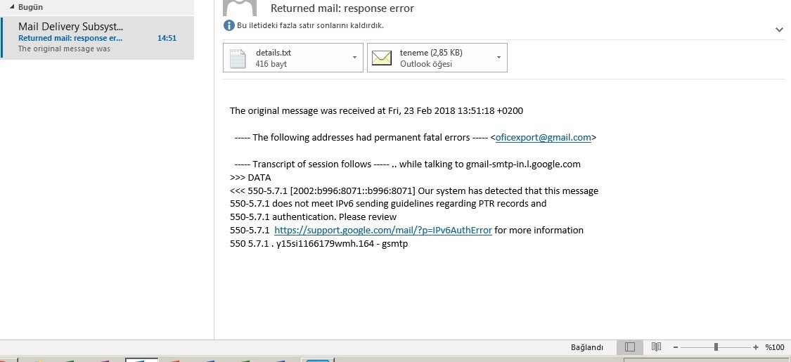 Outlook mail gitmeme sorunu