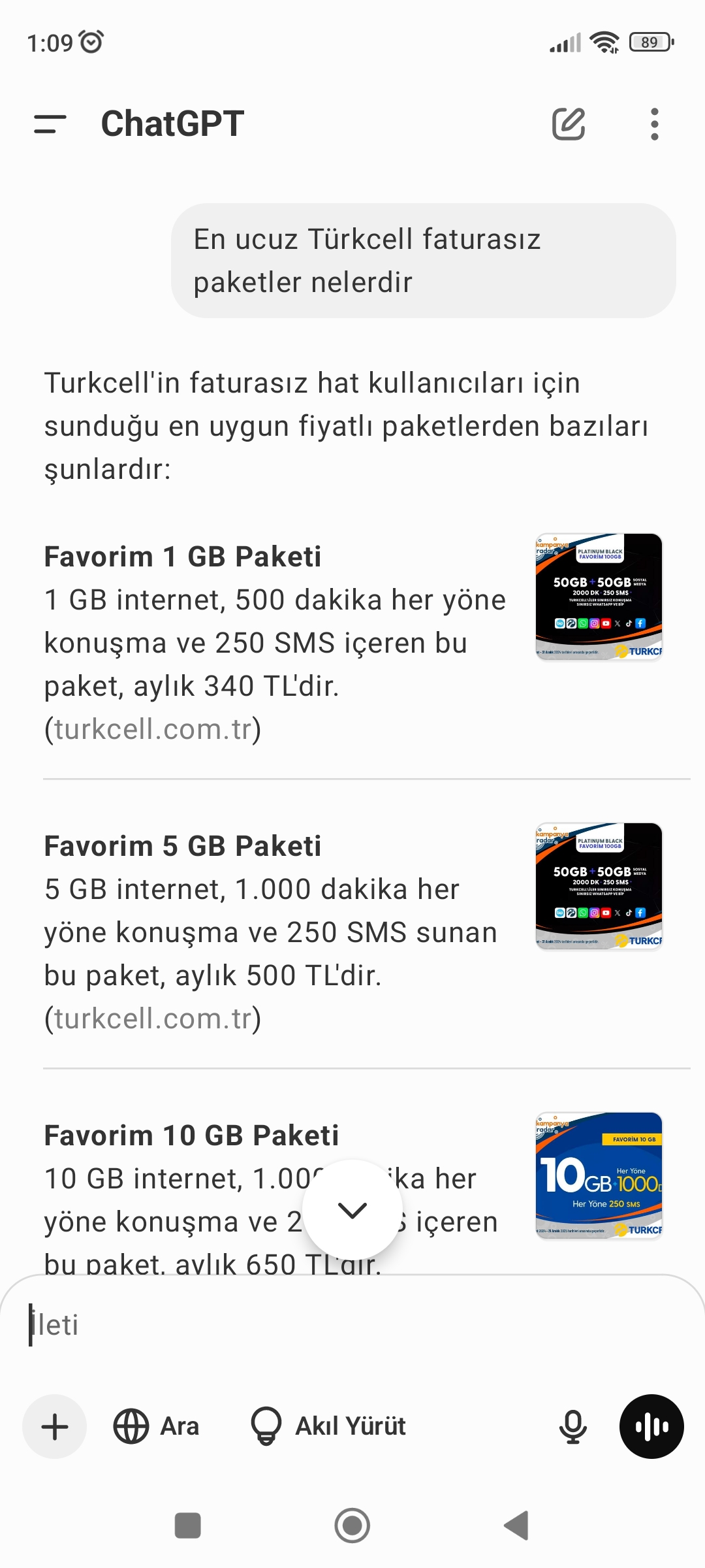 Chatgpt sordum en ucuz turkcell faturasiz paketler nelerdir?Cevap ilginç!