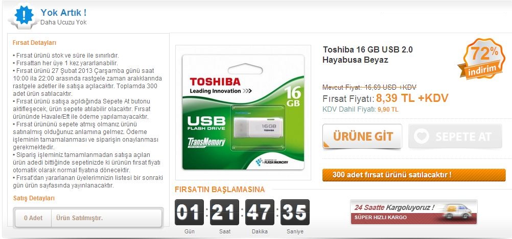  Kampanya Toshiba 16GB Bellek 9.90 TL
