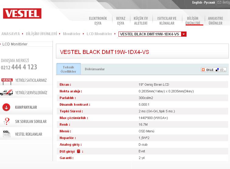  SATILDI -  > VESTEL 19' DVI Geniş Ekran LCD