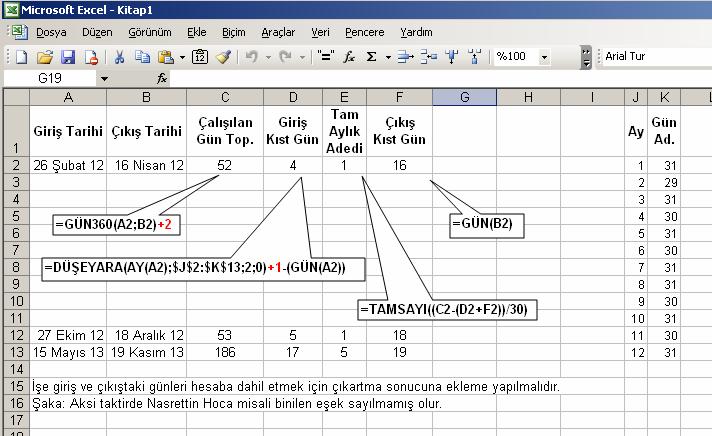  EXCEL GÜN SAYDIRMA ACİL YARDIM