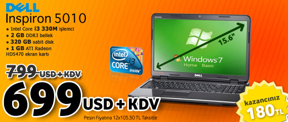  Dell Inspiron 5010 i3 330M 2GB RAM 1GB ATI HD5470 - 1249 TL /12