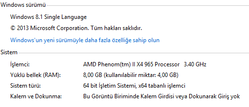  Win 8.1 x64 işletim sisteminde 4gb ram görmeme sorunu