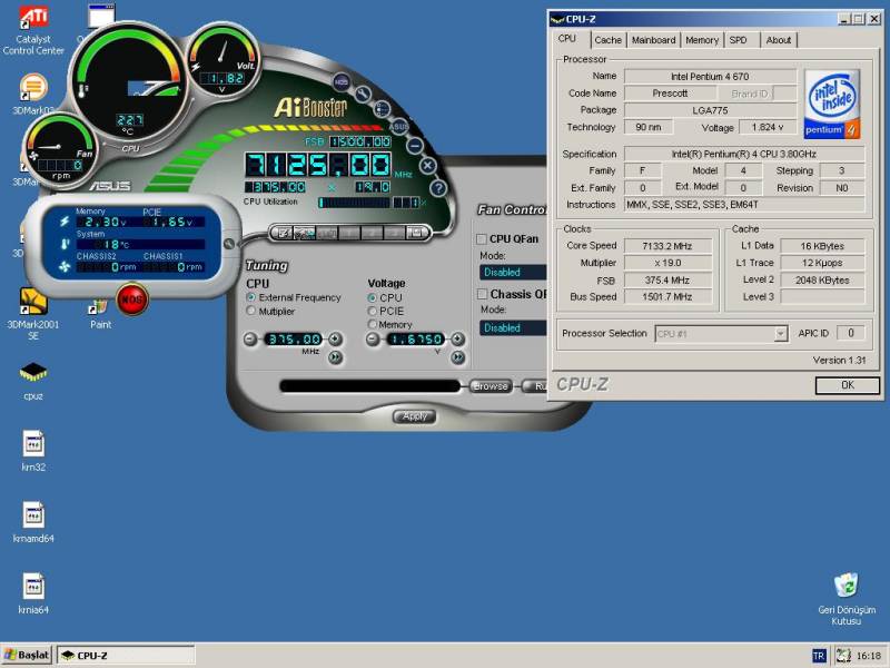  P4 670@ 7315MHZ TR#1 CPUZ#2  Superpi 1M 18.859s UPDATE#5 7315MHZ Resim