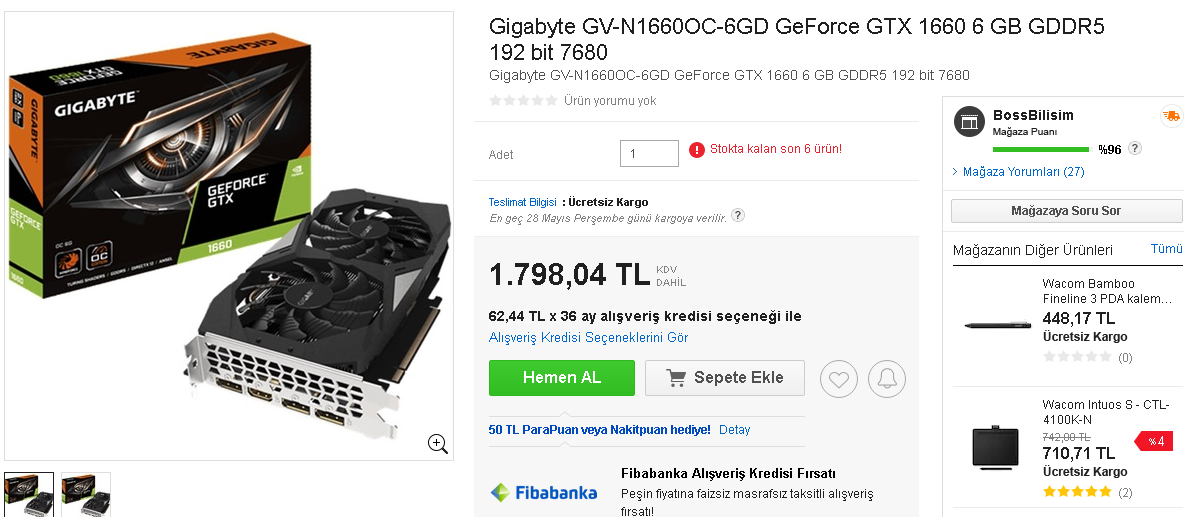 Gigabyte GV-N1660OC-6GD GeForce GTX 1660 1.798 TL N11 