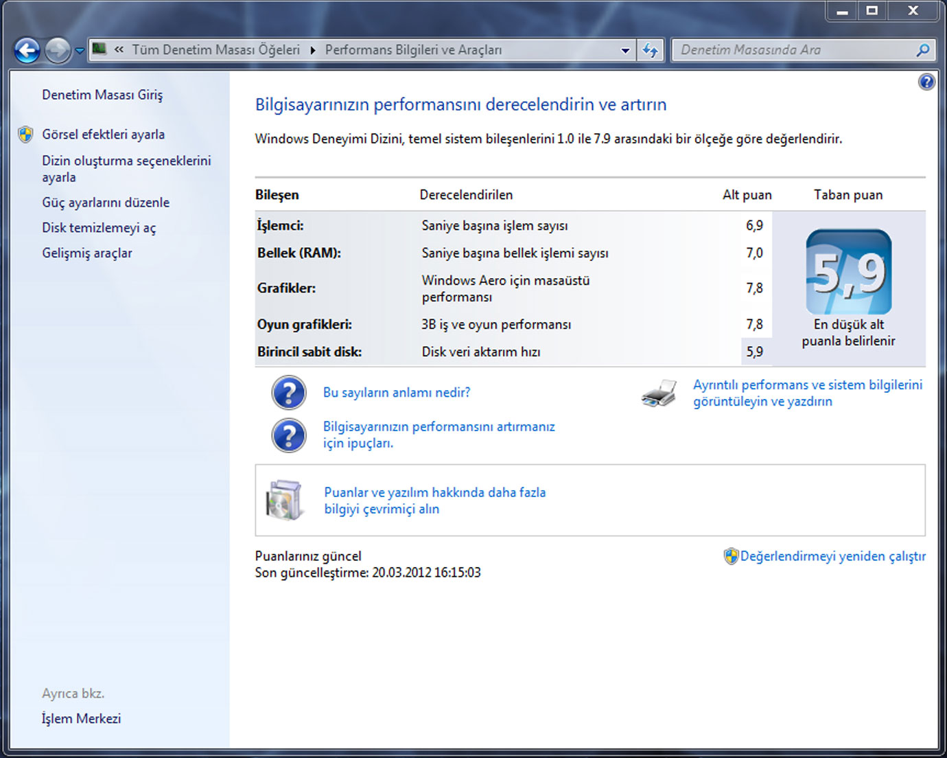  Windows 7 Sistem derecelendirmesi (Yardım)