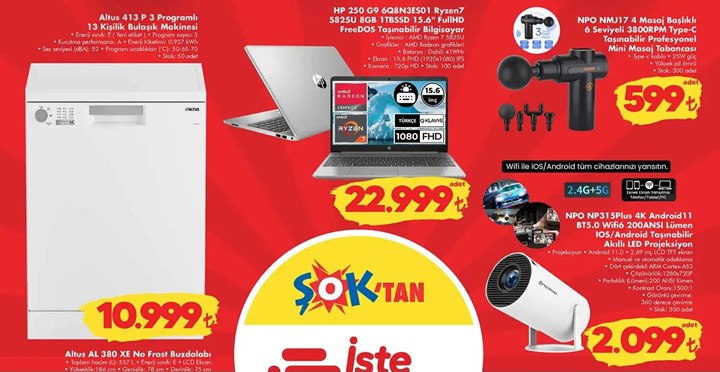 ŞOK marketler projeksiyon cihazı, masaj tabancası ve dizüstü bilgisayar satıyor