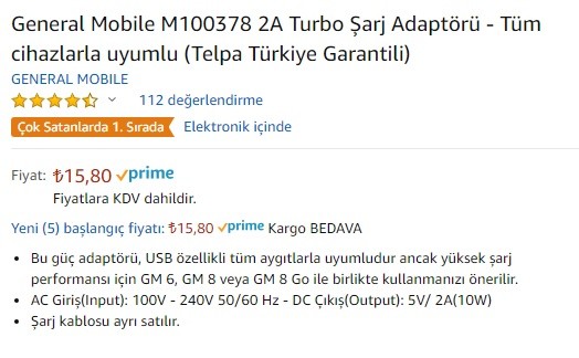 General Mobile M100378 2A Turbo Şarj Adaptörü - Tüm cihazlarla uyumlu (Telpa Türkiye Garantili)