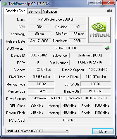 Nvidia Geforce 8600 GT Memory