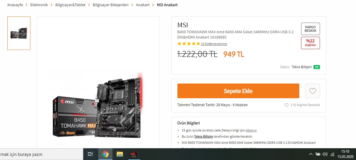 [SATILDI] MSI B450 TOMAHAWK MAX AM4 AMD Ryzen™ DDR4 4133MHz (O.C.) USB3.1 Anakart