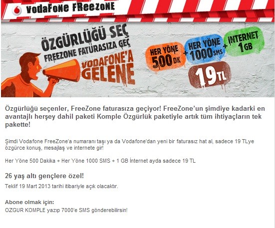  Vodafone 500dk+1000sms+1gb  23tl (Freezone 19tl)