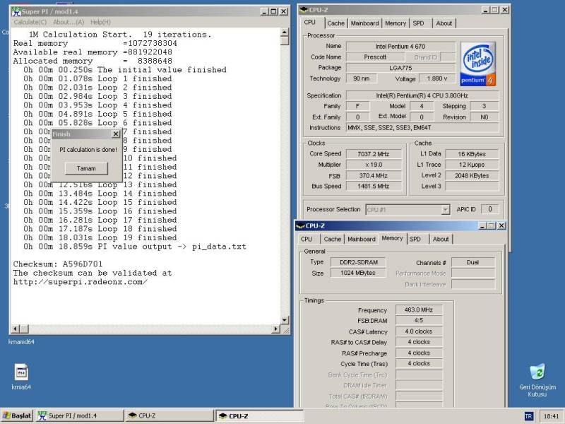  P4 670@ 7315MHZ TR#1 CPUZ#2  Superpi 1M 18.859s UPDATE#5 7315MHZ Resim