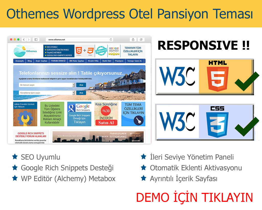  Othemes Wordpress Otel Pansiyon Teması * RESPONSIVE * HTML5 * CSS3 * SEO * GOOGLE RICH SNIPPETS