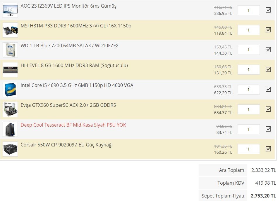  2700 TL (GTX960 + İ5 4590) Sistem Toplama