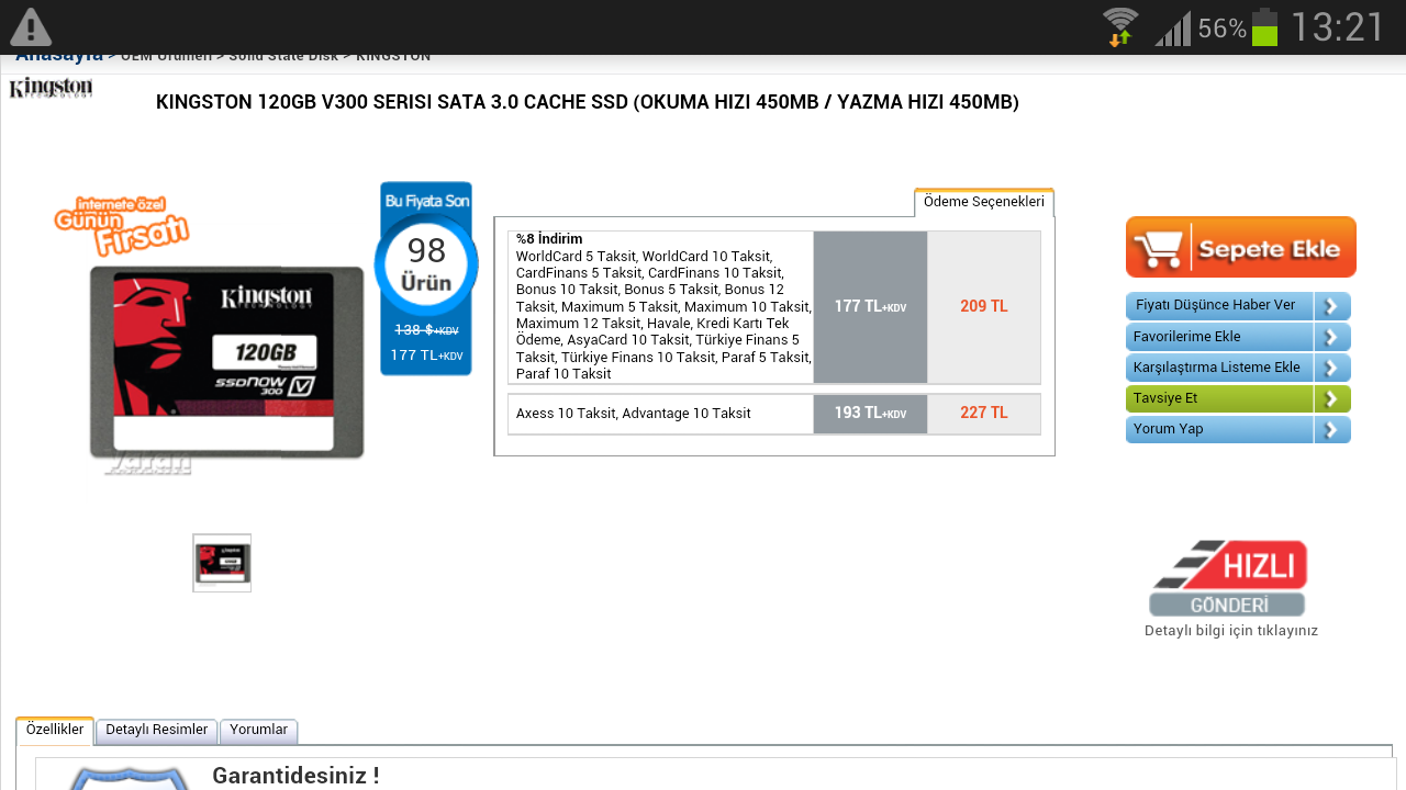  KINGSTON 120GB V300  SSD 209 TL VATAN