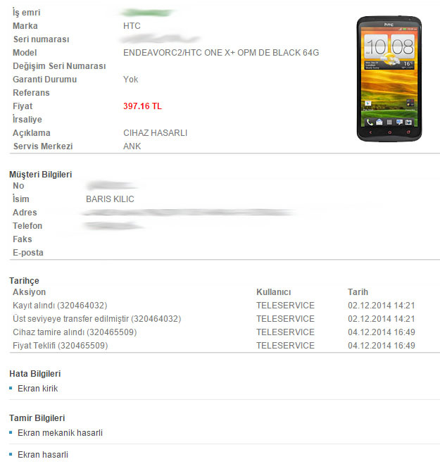  HTC Teleservice KVK Değişim Onarım Ana Başlık