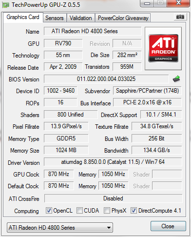  SATILMIŞTIR Sapphire HD 4890 VAPOR-X 1024 MB 256 Bit
