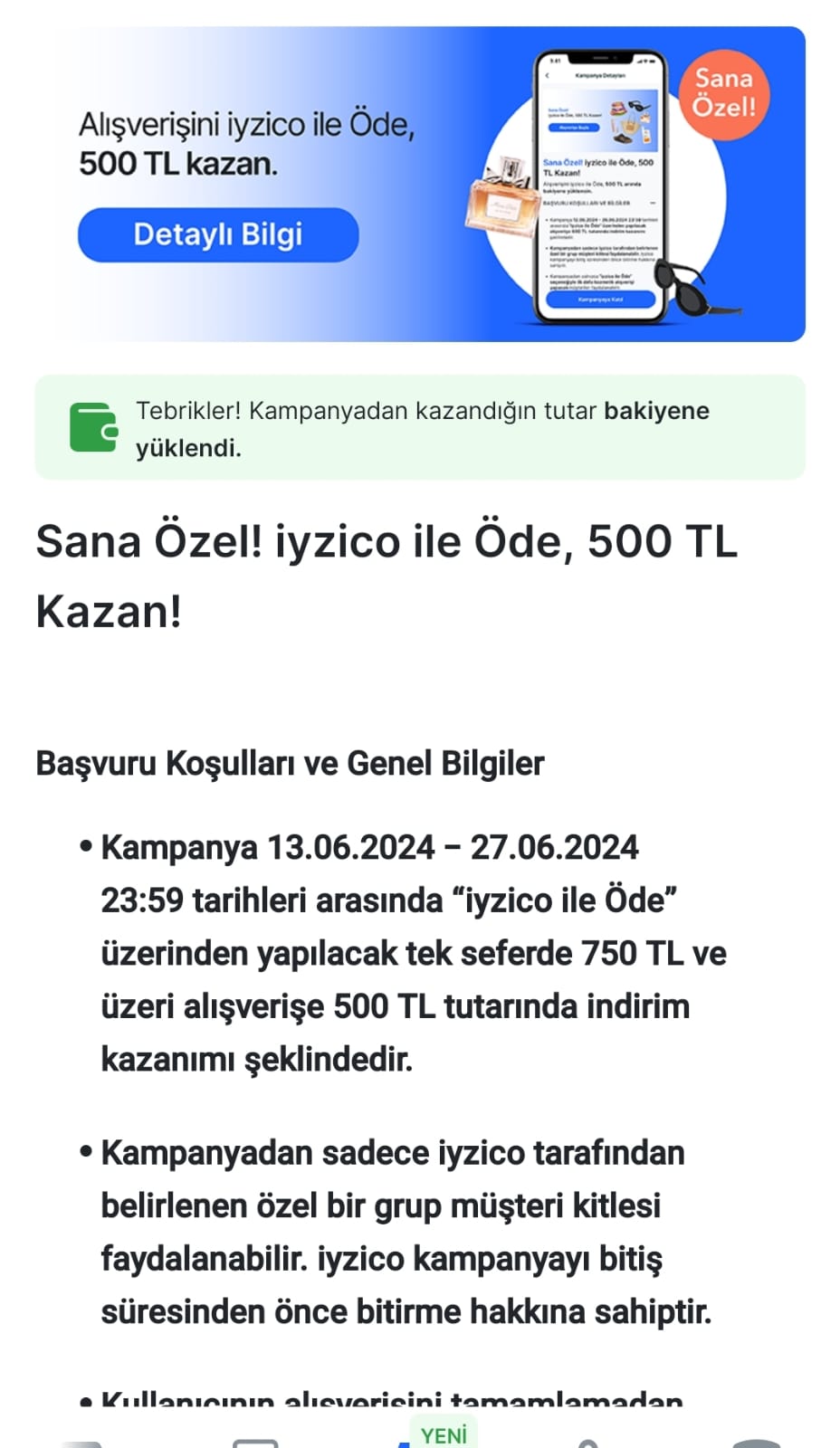 İYZİCO ile 750 öde 500 TL iade (kota dolmuş /kampanya bitti)