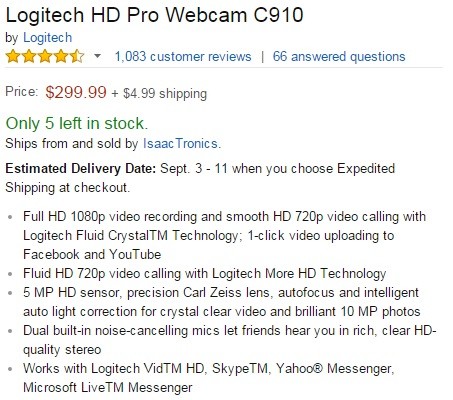  HD Pro Webcam Logitech C910 Full HD Video Call, Carl Zeiss Optics 10MP Photos (119 TL)