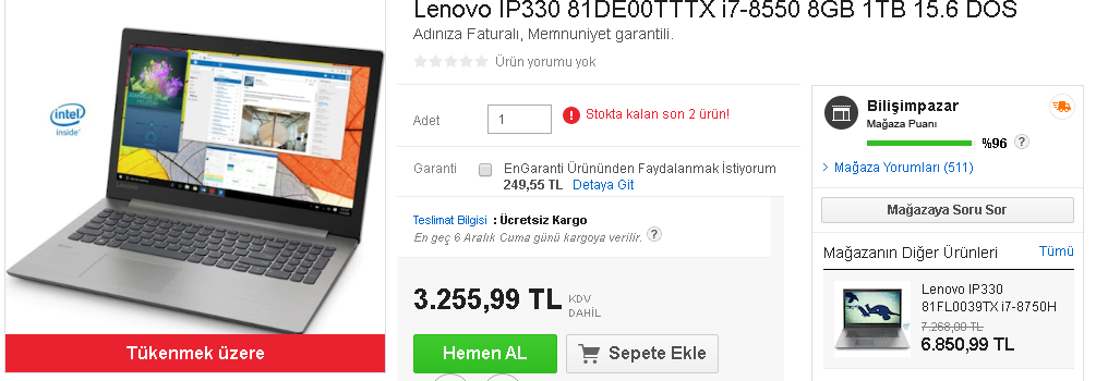 Lenovo IP330 81DE00TTTX i7-8550 8GB 1TB 15.6 3.256 TL n11