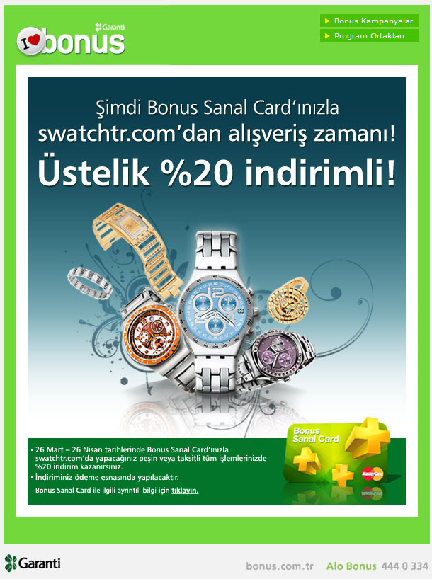  Bonus sanal kart sahiplerine www.swatchtr.com 'dan %20 indirim