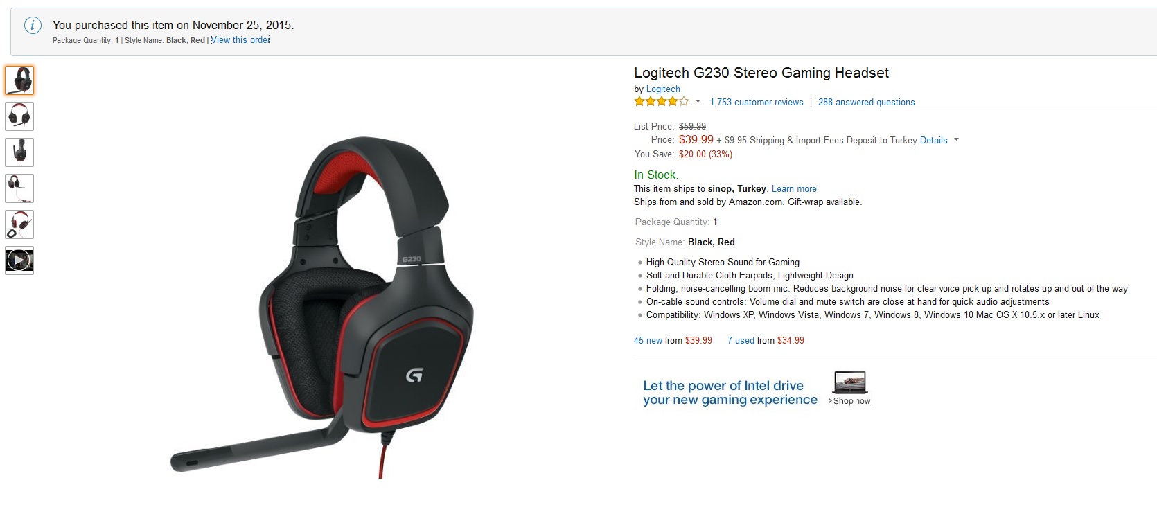  .. SATILdı .. Logitech G230 Stereo Gaming Headset / Amazon / Aralık 2015