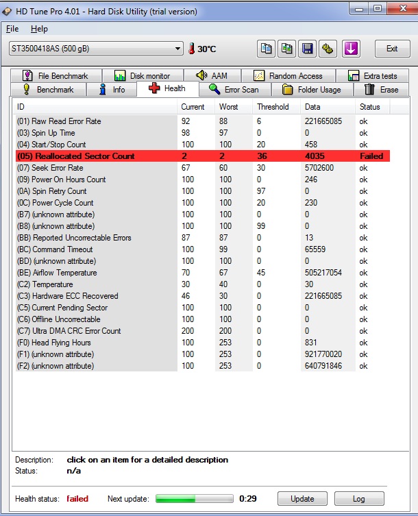  Seagate ST3500418AS Reallocated Sector Count hatası