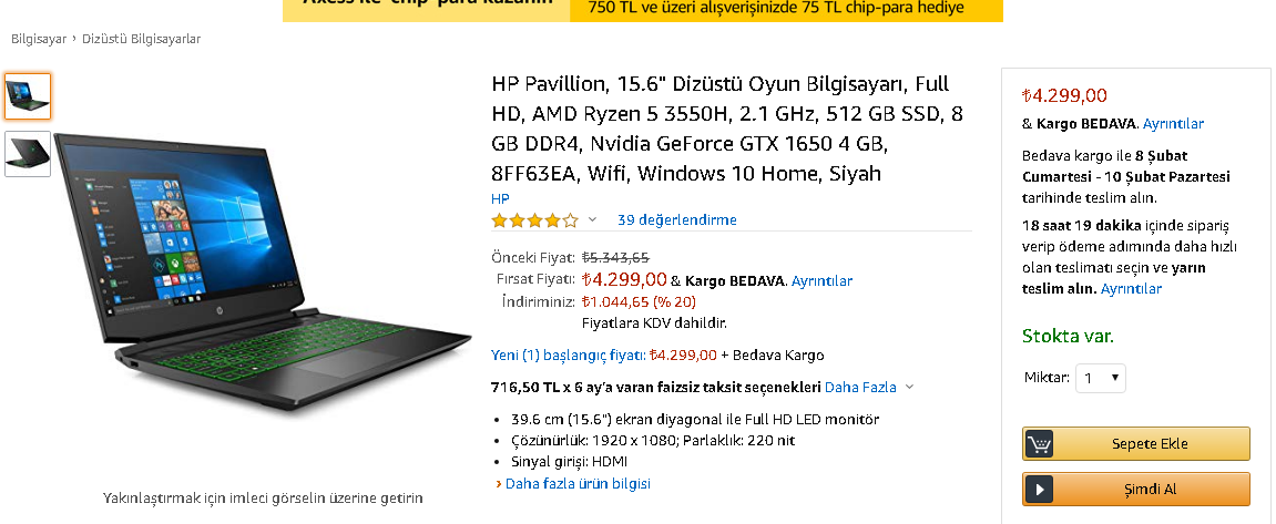 amazontr HP 15-DA1065NT 6TC05EA i5-8265U 2.680 TL - HP 15-ec0014nt 4.300 TL