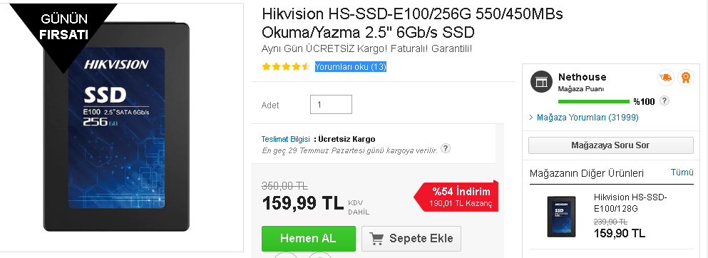 Hikvision HS-SSD-E100/256G 550/450MB  160 TL