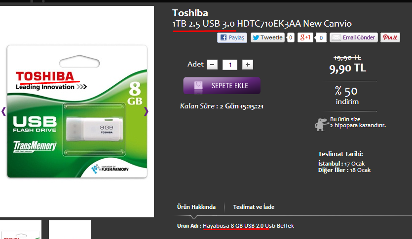  toshiba 8gb usb bellek 9.90 kargo bedava