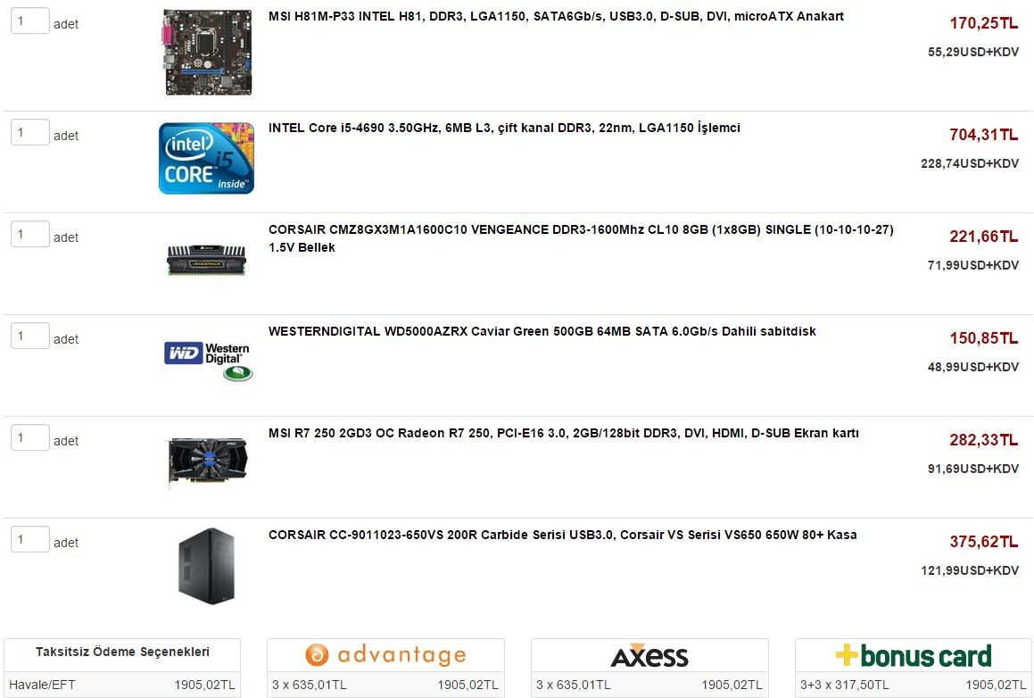  1600-1850 tl arası pc toplama