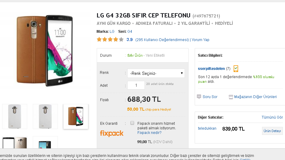 LG G3 (32 GB) (D855) 655 TL / LG G4 (Tek Hat) (H815) 688 TL gittigidiyor