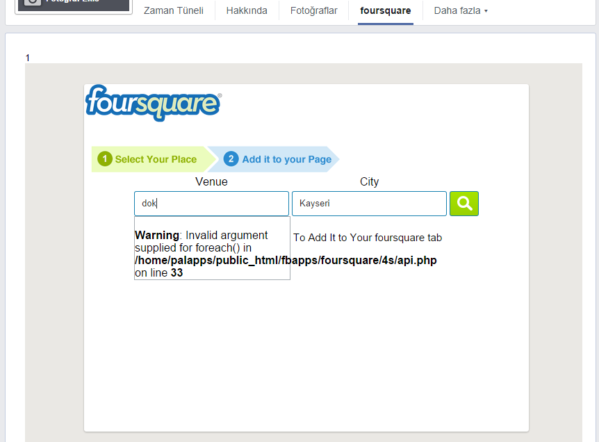  foursquare facebook tab page hata veriyor